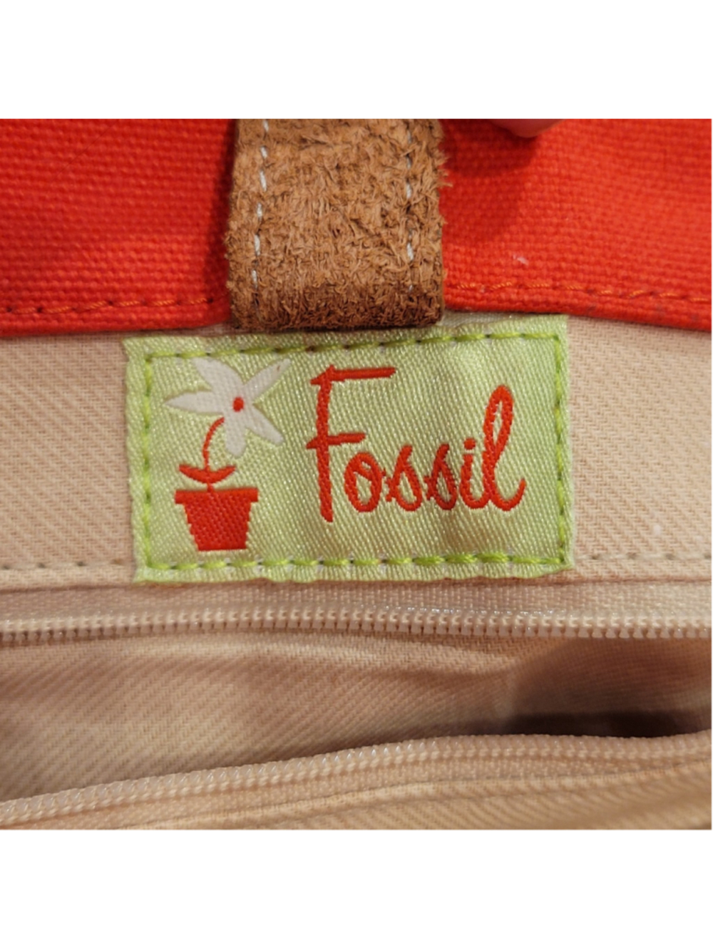 Fossil Orange Canvas Tote Bag Brown Leather Handles Shoulder Purse Zip Top - Picture 8 of 14